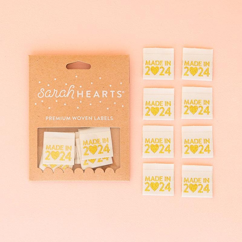 Sew In Labels | Sarah Hearts - Made in 2024 Gold - 1-1/4" x 1-1/8"