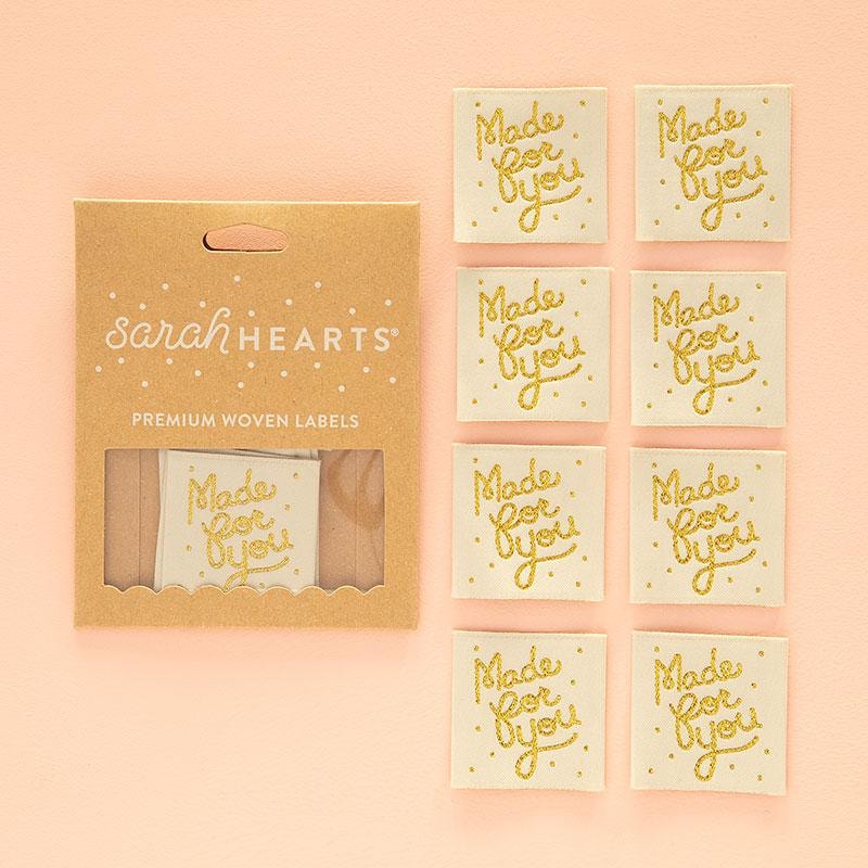 Sew In Labels | Sarah Hearts - Made For You Gold - 1-3/8" x 1-3/8"